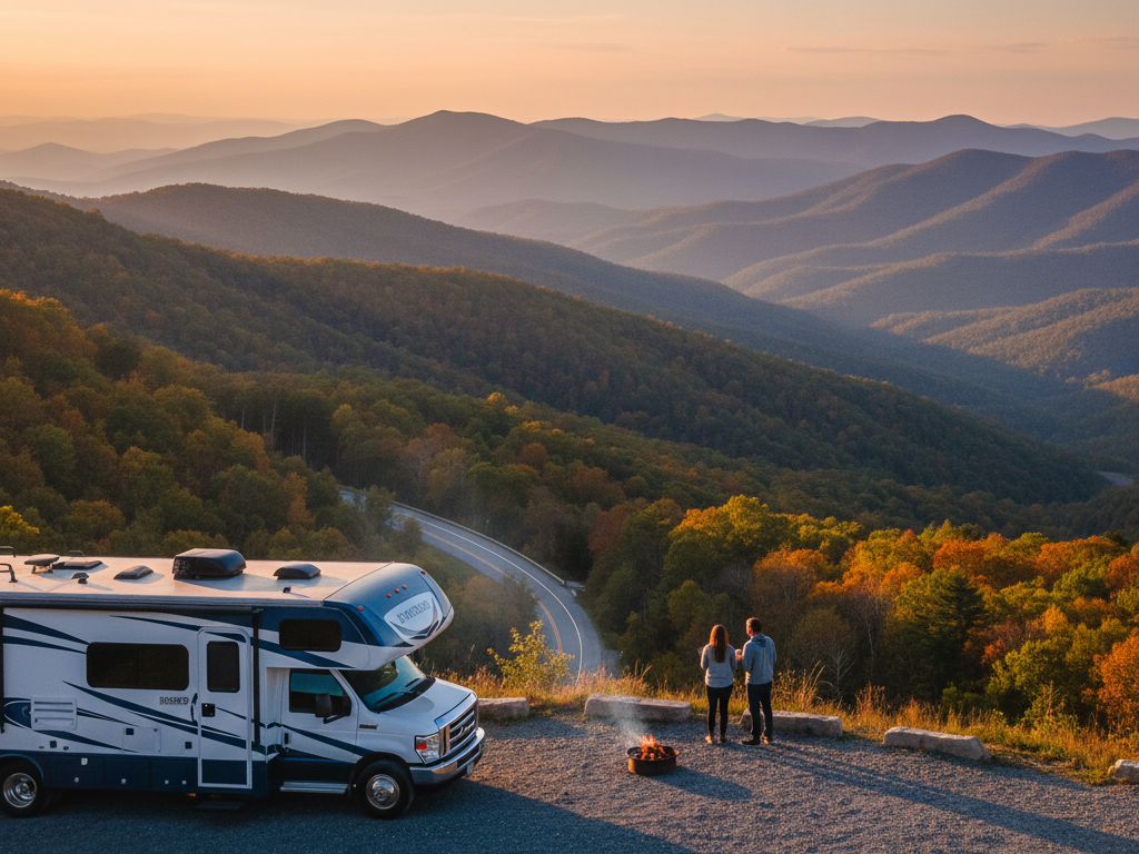 An RV is parked at a scenic overlook in the Blue Ridge Mountains during autumn sunset, with a couple standing by a small campfire enjoying the expansive view of rolling, tree-covered peaks and a winding road below. The sky glows with warm orange and blue hues.