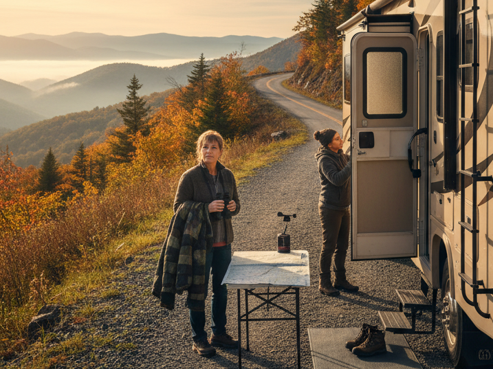 Get ready for your RV mountain journey! This image shows travelers preparing their RV at a scenic overlook, highlighting practical tips for navigating winding roads and enjoying breathtaking fall vistas.