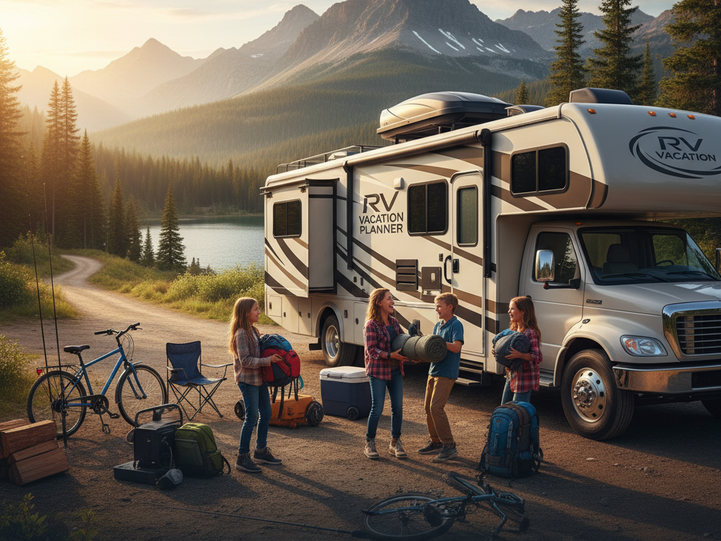 An RV is parked at a scenic overlook in the Blue Ridge Mountains during autumn sunset, with a couple standing by a small campfire enjoying the expansive view of rolling, tree-covered peaks and a winding road below. The sky glows with warm orange and blue hues. Gear Up for the Journey