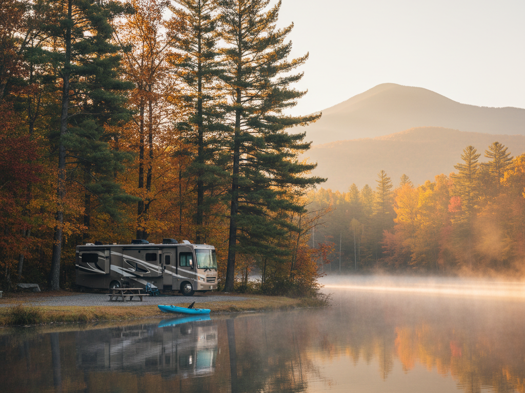 A modern RV parked lakeside at a serene Appalachian campground during a misty autumn morning, with a kayak ready for adventure and warm light illuminating the fall trees. Alt Text: RV campsite by a lake in the Appalachians, featuring fall foliage, morning mist, and a kayak, perfect for a peaceful base camp.