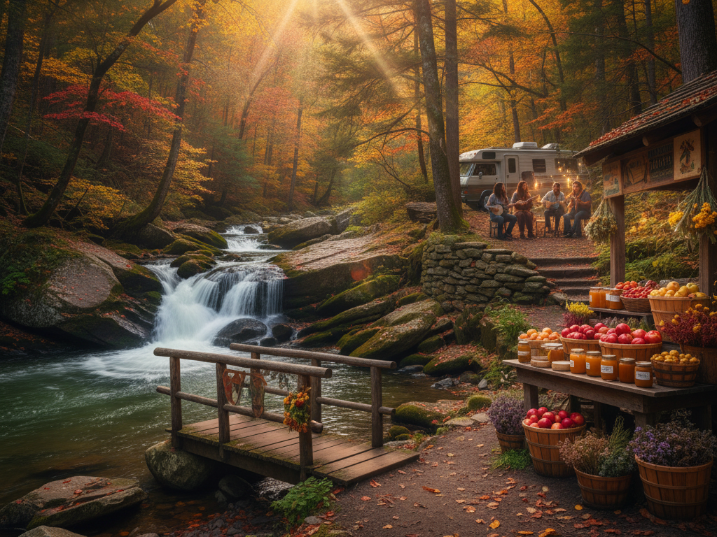Explore hidden Appalachian gems: RVs by cascading waterfalls, charming roadside stands with local goods, and vibrant fall foliage. Discover serene nature and authentic mountain culture for your next adventure.