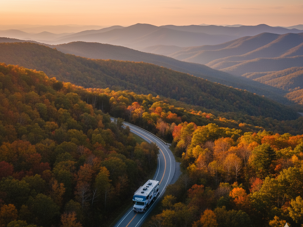 An RV drives along a winding section of the Blue Ridge Parkway during peak autumn, surrounded by layers of colorful fall foliage and distant mountain ridges at sunset. Alt Text: Aerial view of an RV on the Blue Ridge Parkway in autumn, showing vibrant fall colors and scenic mountain vistas.